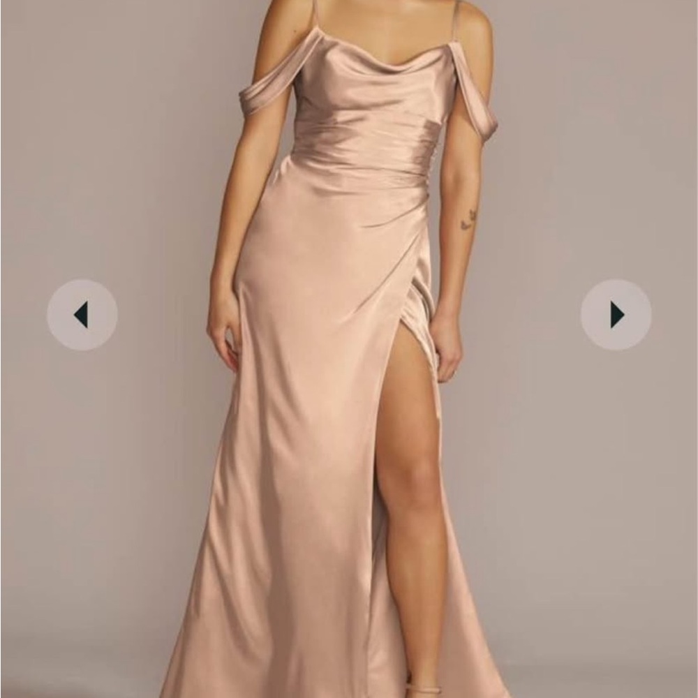 Cream maxi gown with ruched bodice and cowl neck for prom